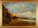 an image of a painting of a beach scene with a horse drawn carriage