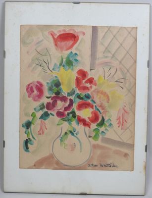 a painting of flowers in a vase on a table