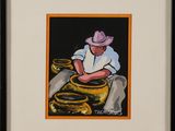 painting of a man making a pot with a hat on top of it