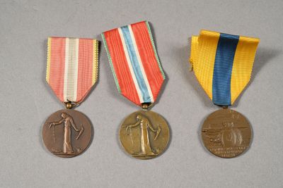 three medals are displayed on a table with a ribbon around them