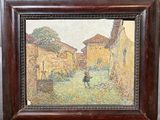 an oil painting of a woman walking down a street in a village