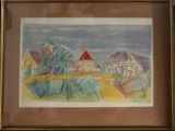 framed picture of a painting of a farm scene with a red barn in the background