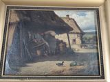 une photo d'un tableau représentant une scène de vie à la ferme, dans un cadre doré