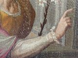 an old painting of a woman holding a flower in one hand and a bird in the other