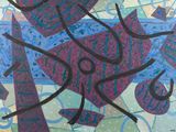 peinture abstraite représentant un motif violet et bleu sur fond bleu