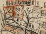 une image représentant un dessin d'un bâtiment avec un arbre devant