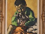 an image of a painting of a boy holding a cat