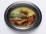 peinture représentant un paysage, dans un cadre rond, sur un fond blanc