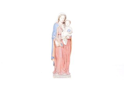figurine of the virgin and child, painted in white and pink tones