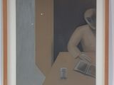 painting of a man sitting at a table with a book and a glass of water