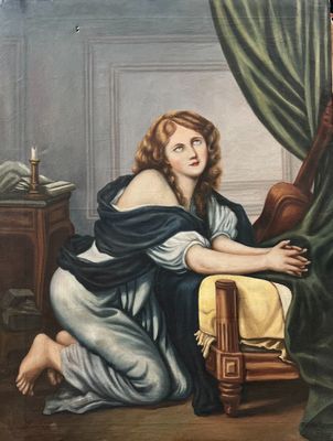 tableau représentant une femme assise sur un lit dans une chambre