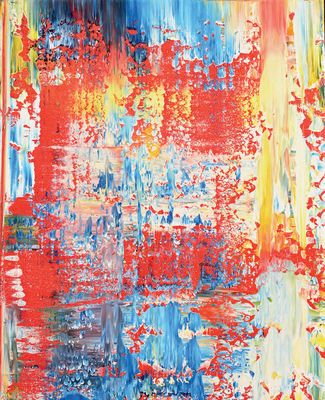une peinture abstraite composée de rouge, de bleu, de jaune et de blanc