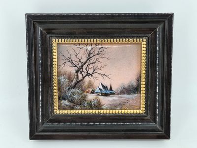 a painting of a snowy landscape with a house in the foreground