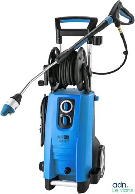 a blue pressurer on a white background with a hose