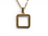 the gold square pendant is hanging from a chain on a white background