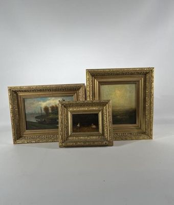 three framed paintings of a landscape and a river