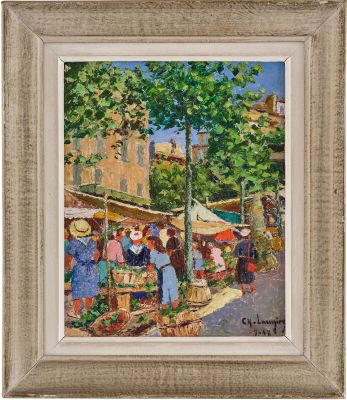 une peinture à l'huile représentant une scène de marché où des gens font leurs courses