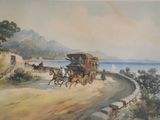 un tableau représentant une calèche tirée par des chevaux sur la plage