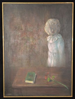 tableau représentant une jeune fille assise à une table avec un livre et une fleur