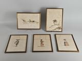 four framed drawings of birds and people on a white background
