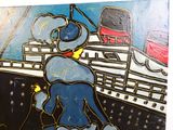 une peinture représentant un homme sur un bateau dans l'eau