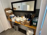 une salle de bains avec un lavabo et un miroir au mur