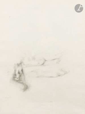 dessin au crayon représentant un chien couché dans la neige