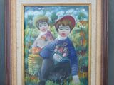 tableau représentant deux enfants assis dans un champ avec un panier de fleurs