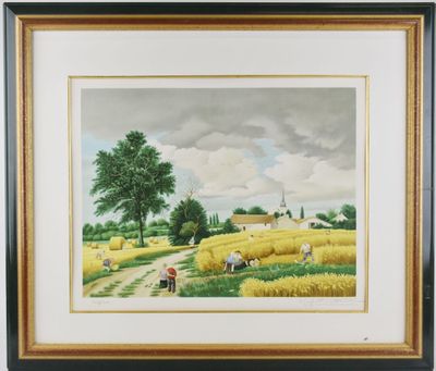 une image représentant un tableau illustrant une scène de vie à la ferme, avec des personnes dans un champ