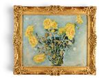 tableau représentant des fleurs jaunes dans un cadre doré sur fond bleu