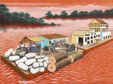 peinture représentant un bateau avec des personnes à bord, flottant sur un plan d'eau