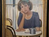 painting of a woman sitting at a table with a cup of coffee