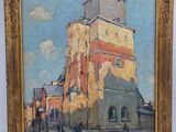 an oil painting of a building with a clock tower in the middle of it