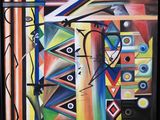 a painting of a colorful abstract painting with a black frame