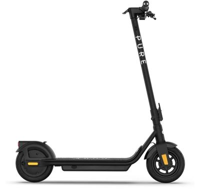 a black electric scooter with wheels on a white background