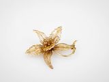 un gros plan d'une broche en forme de fleur dorée sur fond blanc