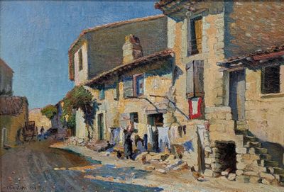 peinture d'une scène de rue avec des personnes marchant dans la rue