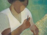a painting of a woman holding a cell phone
