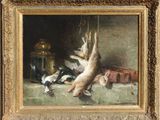 an oil painting of a rabbit hanging from a rope in a room