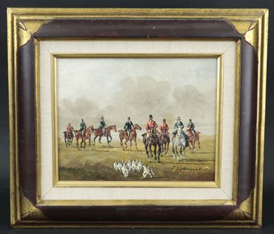 COLOMANNS (XXe): "Scène de chasse à courre", huile sur panne…