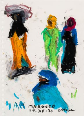 tableau représentant un groupe de personnes marchant dans une rue, munies de parapluies