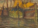 un tableau représentant un bateau sur l'eau avec un homme à bord