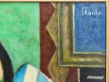 a painting of a woman laying on a bed in a room