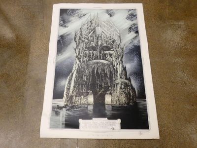 a black and white photo of a castle in the middle of a lake