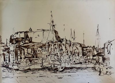 a drawing of a harbor with boats in the water