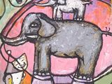a painting of an elephant and a man with a dog on top of it