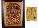 deux sculptures sur bois encadrées représentant une scène biblique et une plaque
