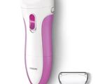 the philips shaver is pink and white with a pink trimmer