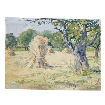 un tableau représentant un champ avec du foin et des arbres en arrière-plan