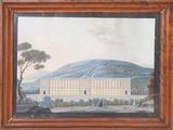un vieux tableau représentant un grand bâtiment avec une montagne en arrière-plan